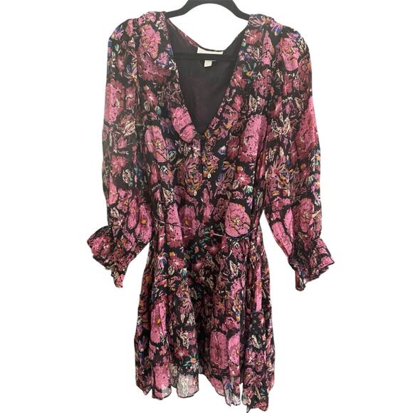Cleobella Dresses & Skirts - Cleobella Floral Boho Mini Dress Pink Black Sheer Sleeve Tie Waist L